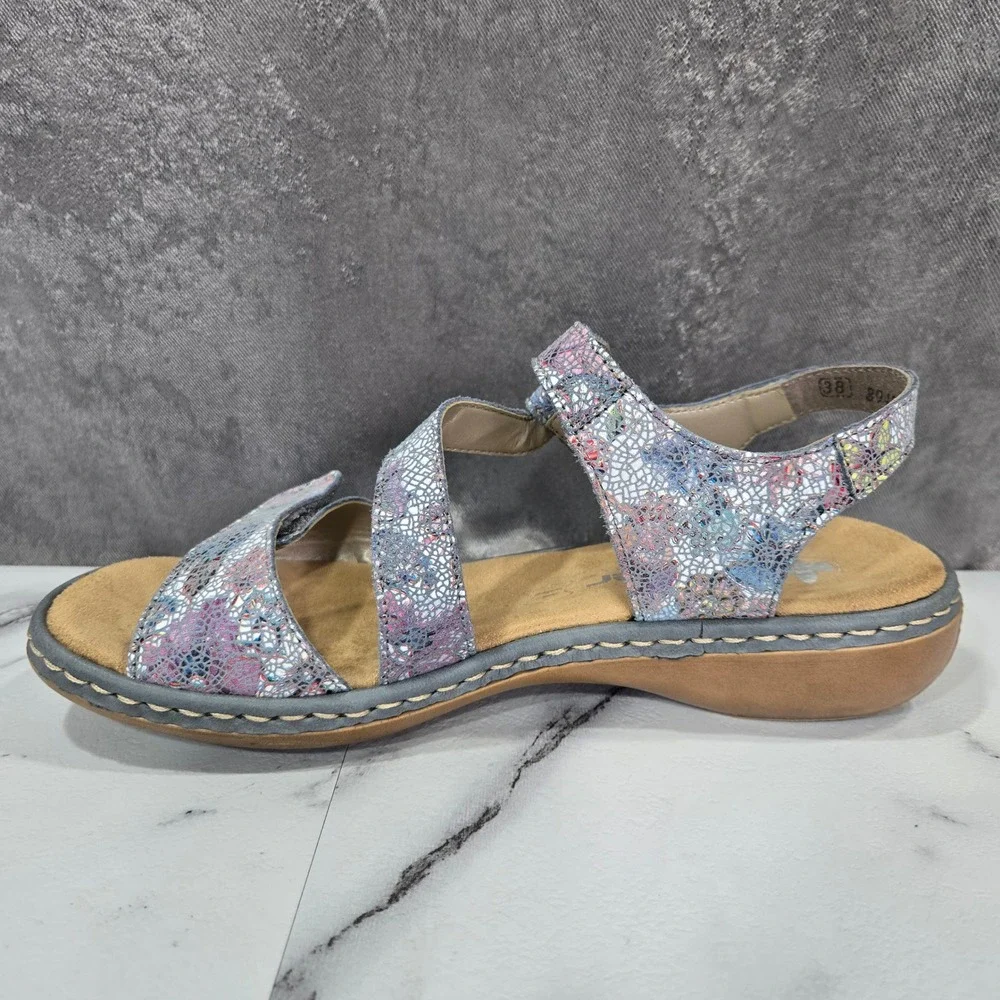 Rieker Antistress Regina C7 Floral Metallic Leather Sandals Womens 38 US 7.5